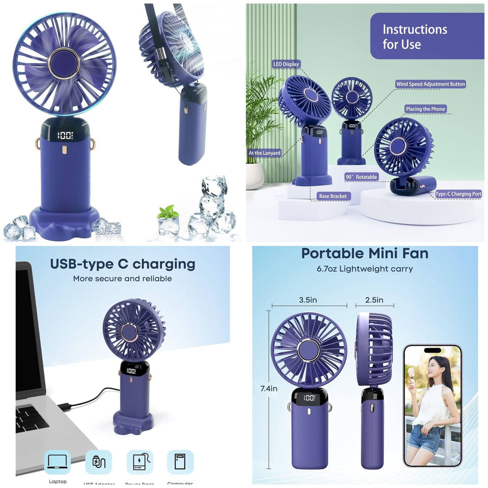 Digital Display Portable Mini Fan – 5-in-1 Multipurpose USB-C